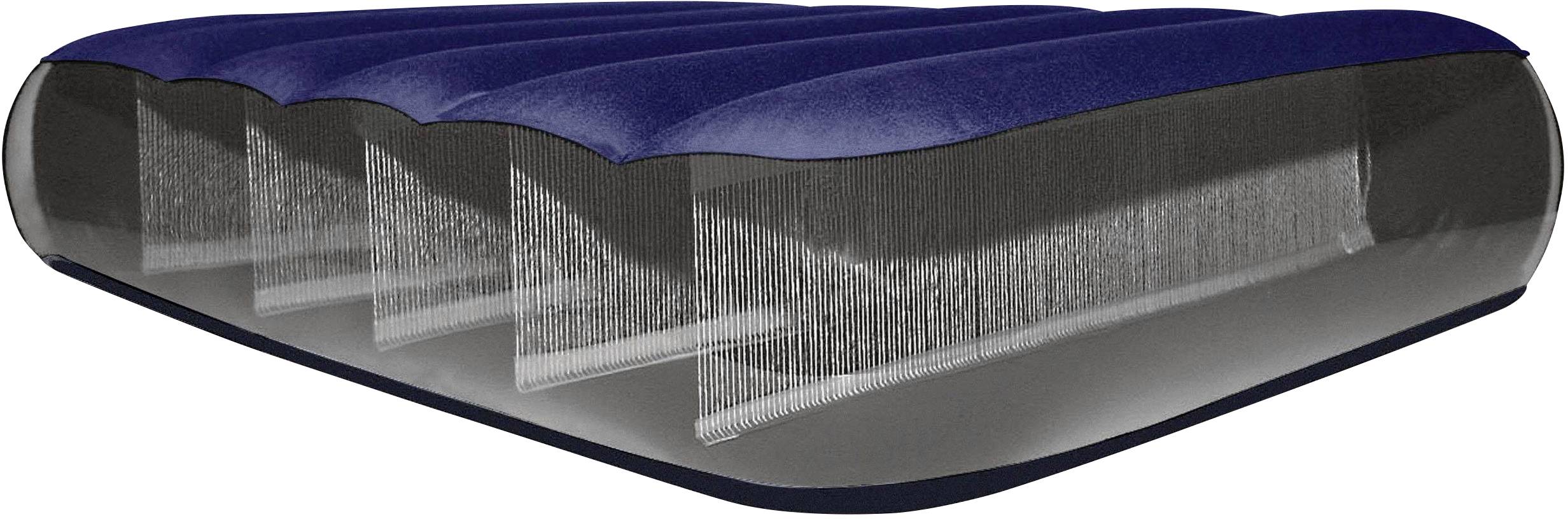 Coupe transversale d'un matelas pneumatique avec des surfaces bleues et un boîtier transparent révélant les chambres à air internes.