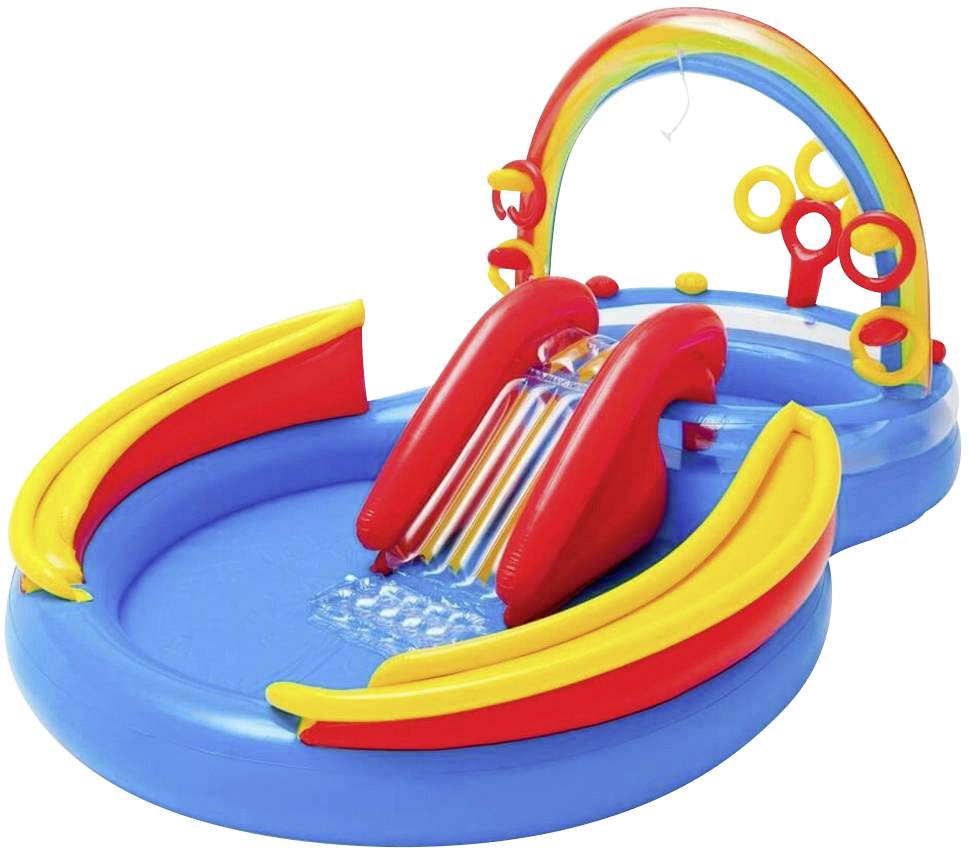 Piscine gonflable pour enfants avec toboggan et motif arc-en-ciel, conçue dans des couleurs vives.