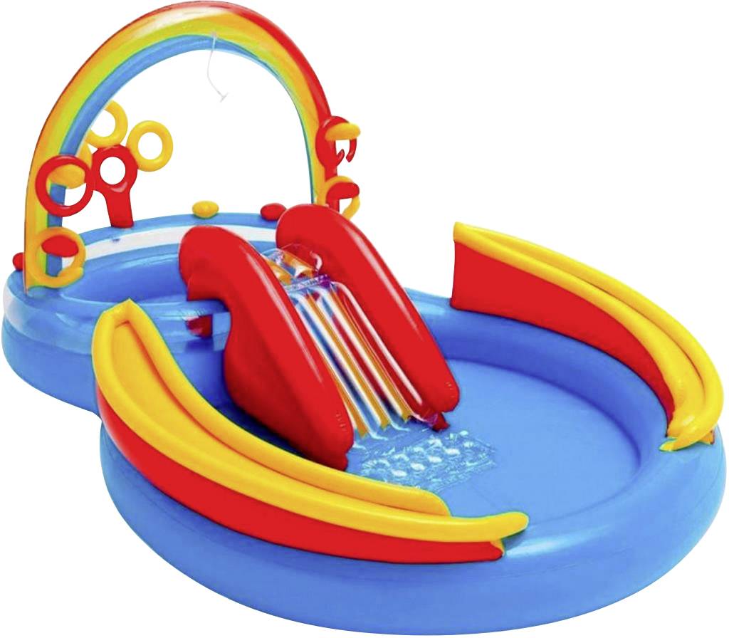 Piscine gonflable pour enfants avec toboggan, arc-en-ciel et anneaux colorés. Idéale pour jouer et patauger dans le jardin.