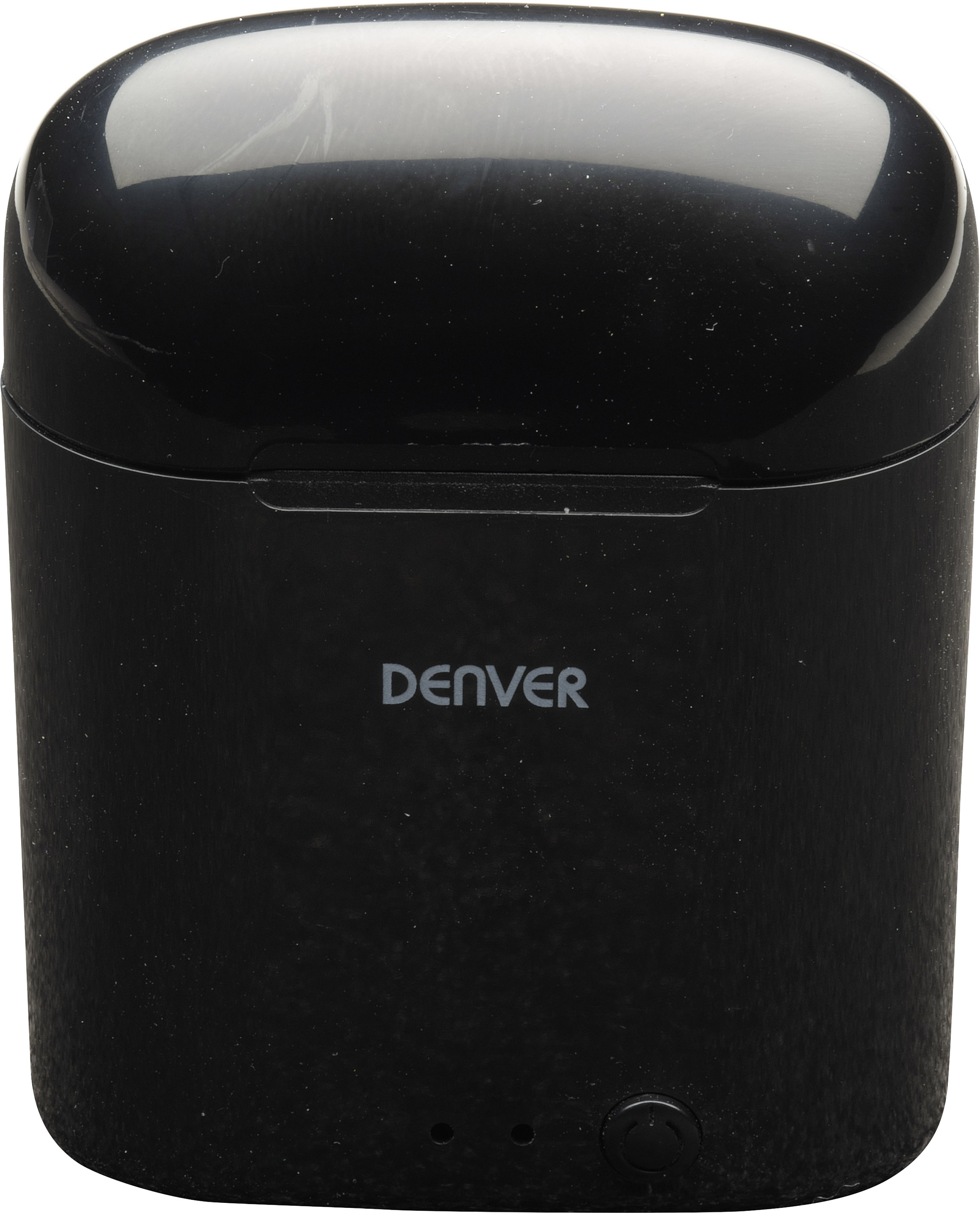 Étui de chargement sans fil noir portant la marque 'DENVER' sur l'avant.
