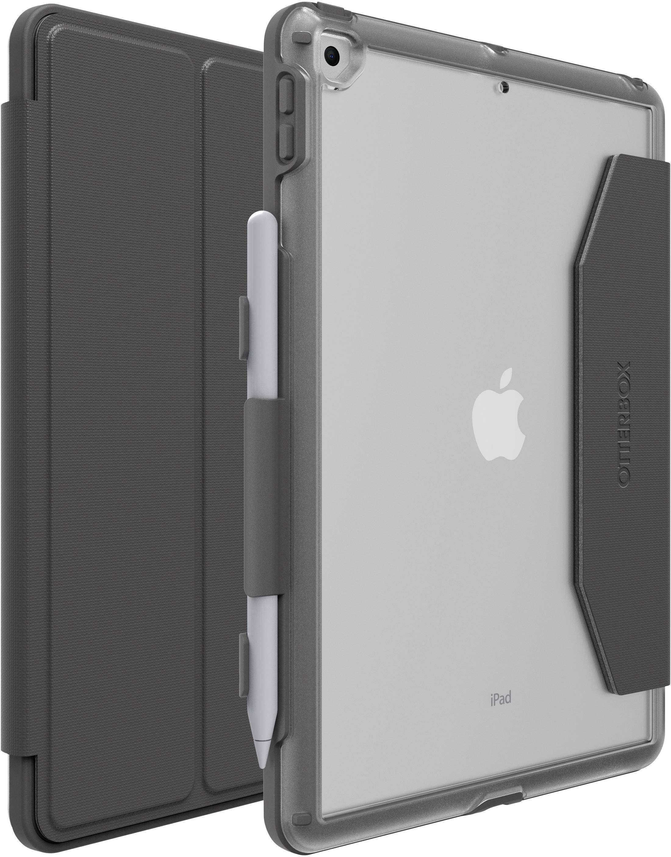 Une housse noire pour iPad avec support et support pour Apple Pencil. La housse est légèrement ouverte et montre le logo Apple à l'arrière de l'iPad.