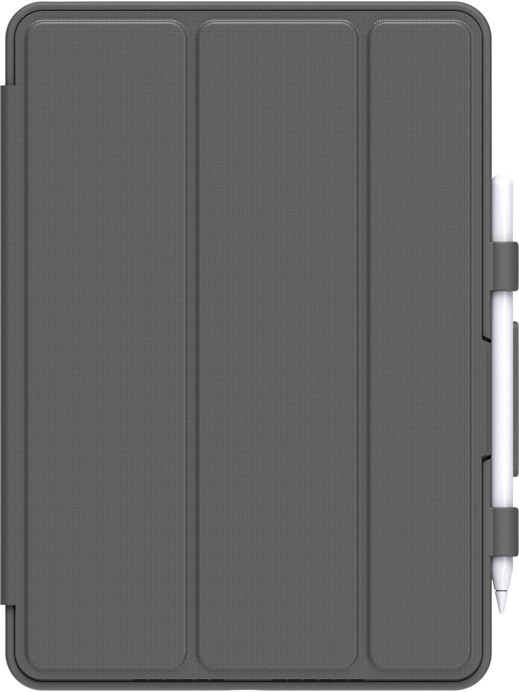 Une tablette grise avec une couverture en trois parties et un stylet blanc fixé dans un support sur le côté droit.