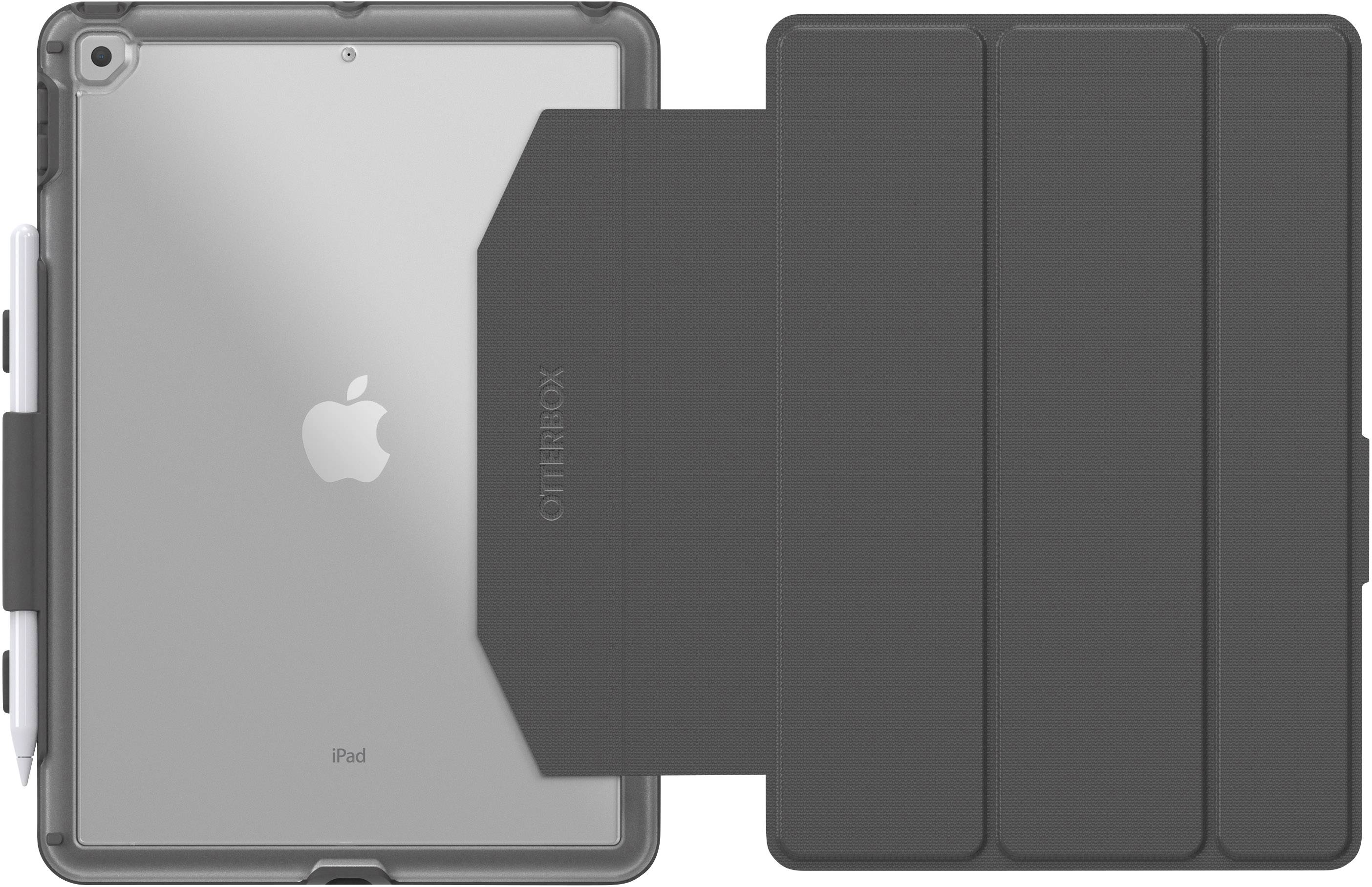 Un étui iPad gris avec une coque de protection et un support élastique pour stylet, offrant une protection pour l'iPad et le stylo. La marque 'OtterBox' est visible.