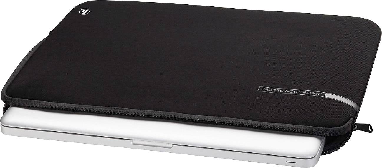 Un étui noir pour ordinateur portable, partiellement ouvert, montre un ordinateur portable à l'intérieur.