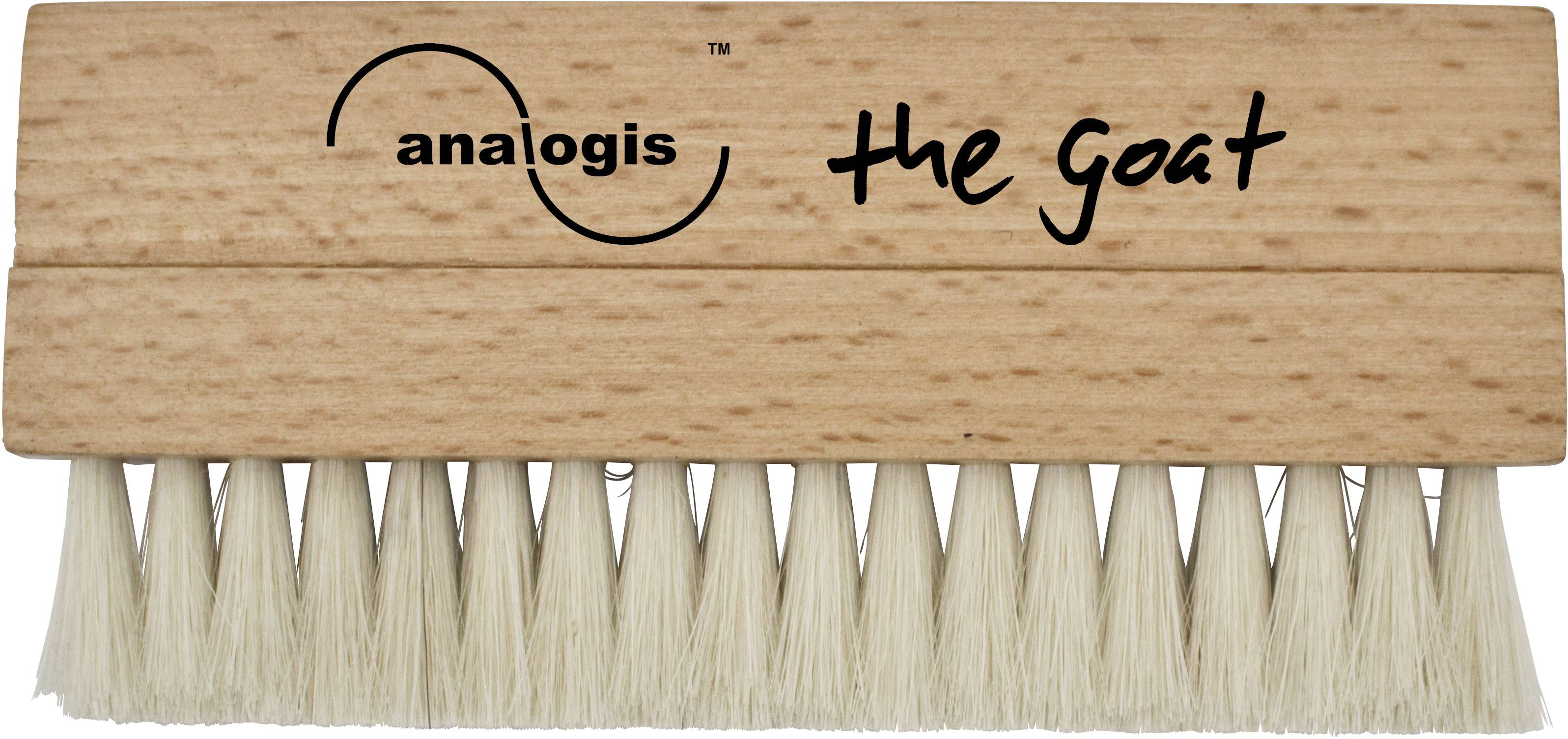 Brosse en bois avec poils naturels, portant le nom de marque 'Analogis the Goat' imprimé dessus.