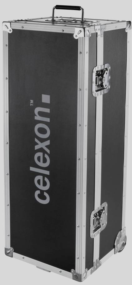 Valise de transport rectangulaire noire avec des coins en métal argentés et une poignée, imprimée avec l'inscription 'celexon' en lettres grises.