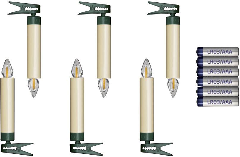 Six bougies LED beiges avec clip vert et flamme transparente ; à droite se trouvent cinq piles LR03/AAA.