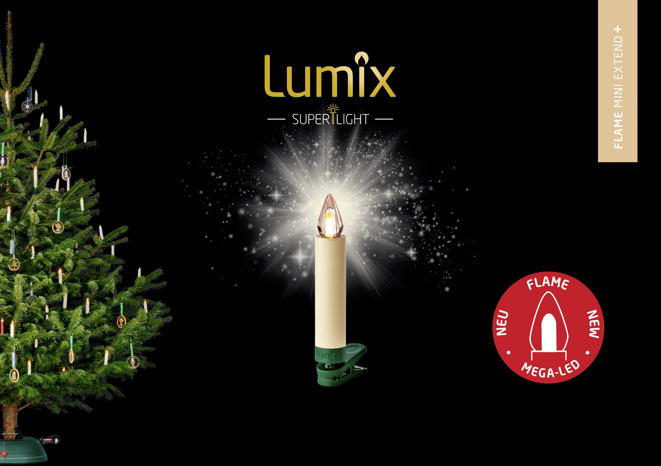 Une bougie de sapin avec pince, illuminant un arbre de Noël. À côté, il est écrit 'Lumix SuperLight' sur un fond scintillant.