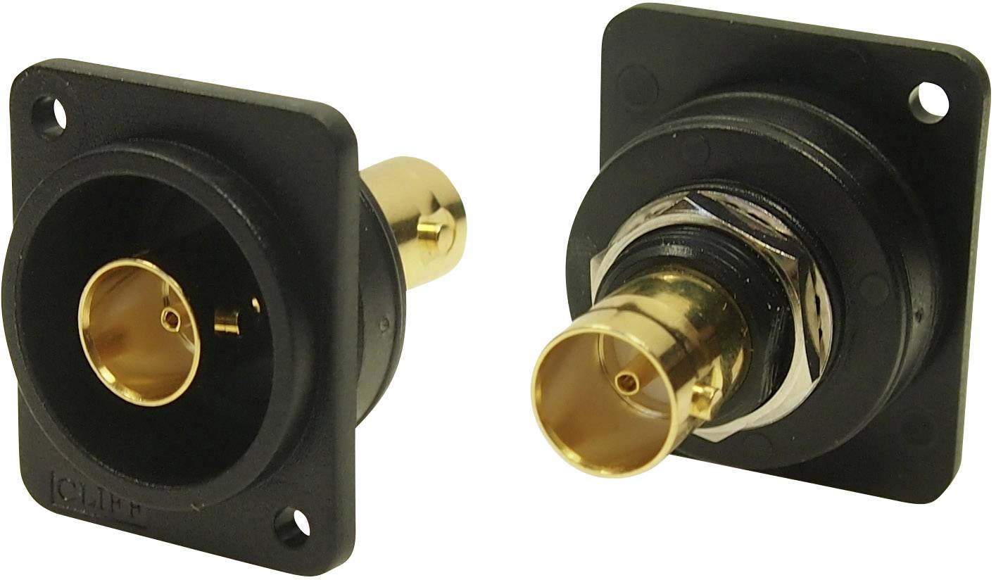 Deux connecteurs BNC dorés avec boîtier noir, adaptés aux transmissions de signaux dans les applications vidéo ou audio.