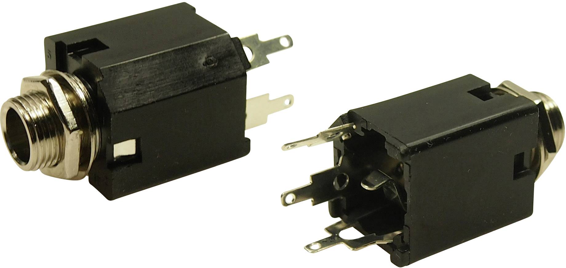 Deux prises jack noires avec filetage métallique et plusieurs connexions, présentées sous différents angles.