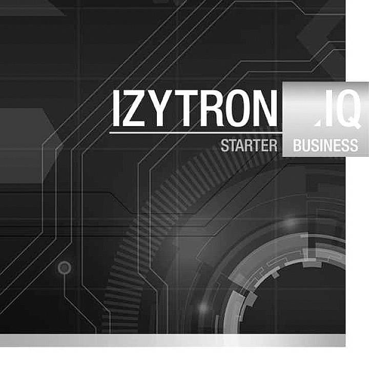 Conception numérique noire avec des lignes géométriques et le texte 'IZYTRON.IQ Starter Business' en blanc.