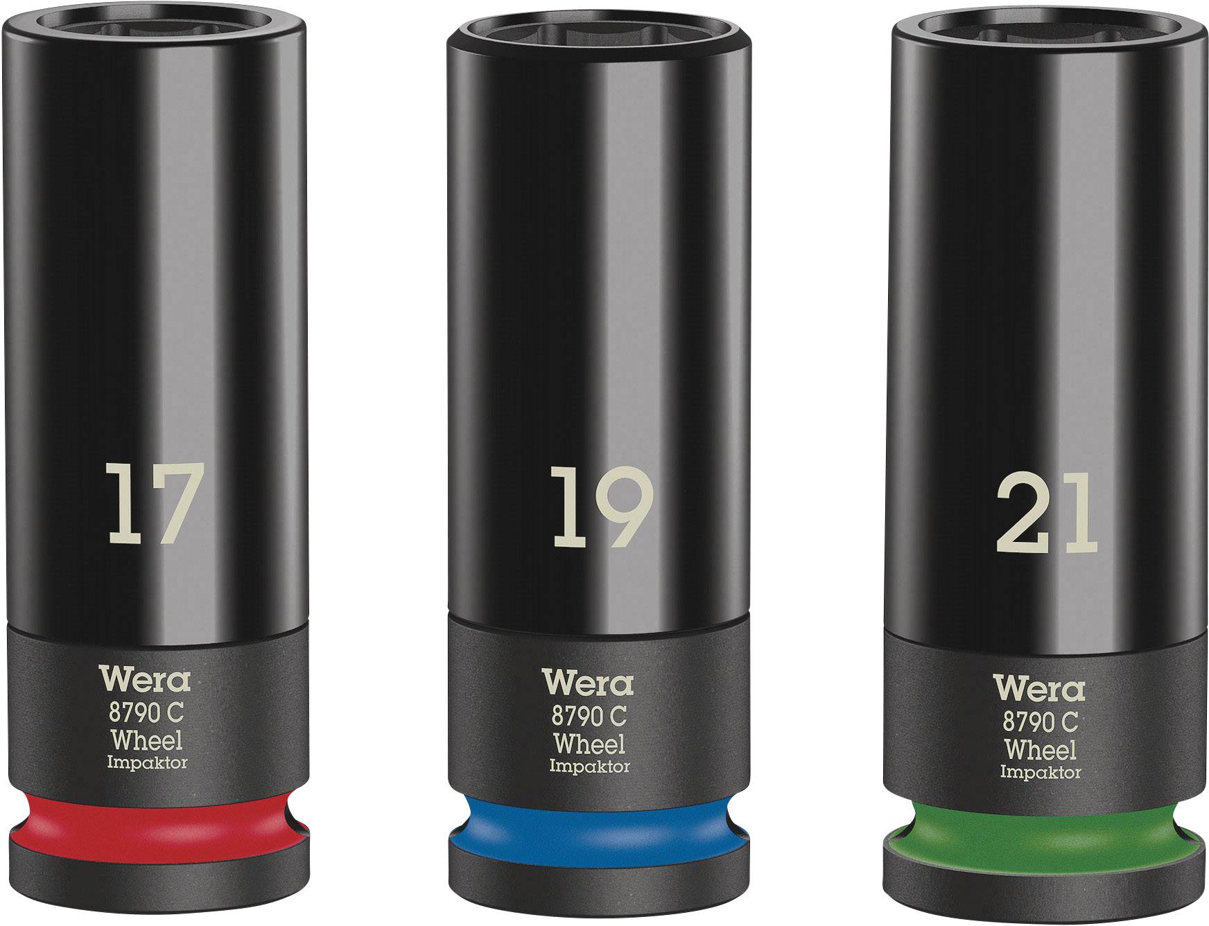 Trois noix Impaktor avec les numéros 17, 19 et 21. Chaque noix a un anneau de couleur : rouge, bleu, vert, et est marquée 'Wera 8790 C'.