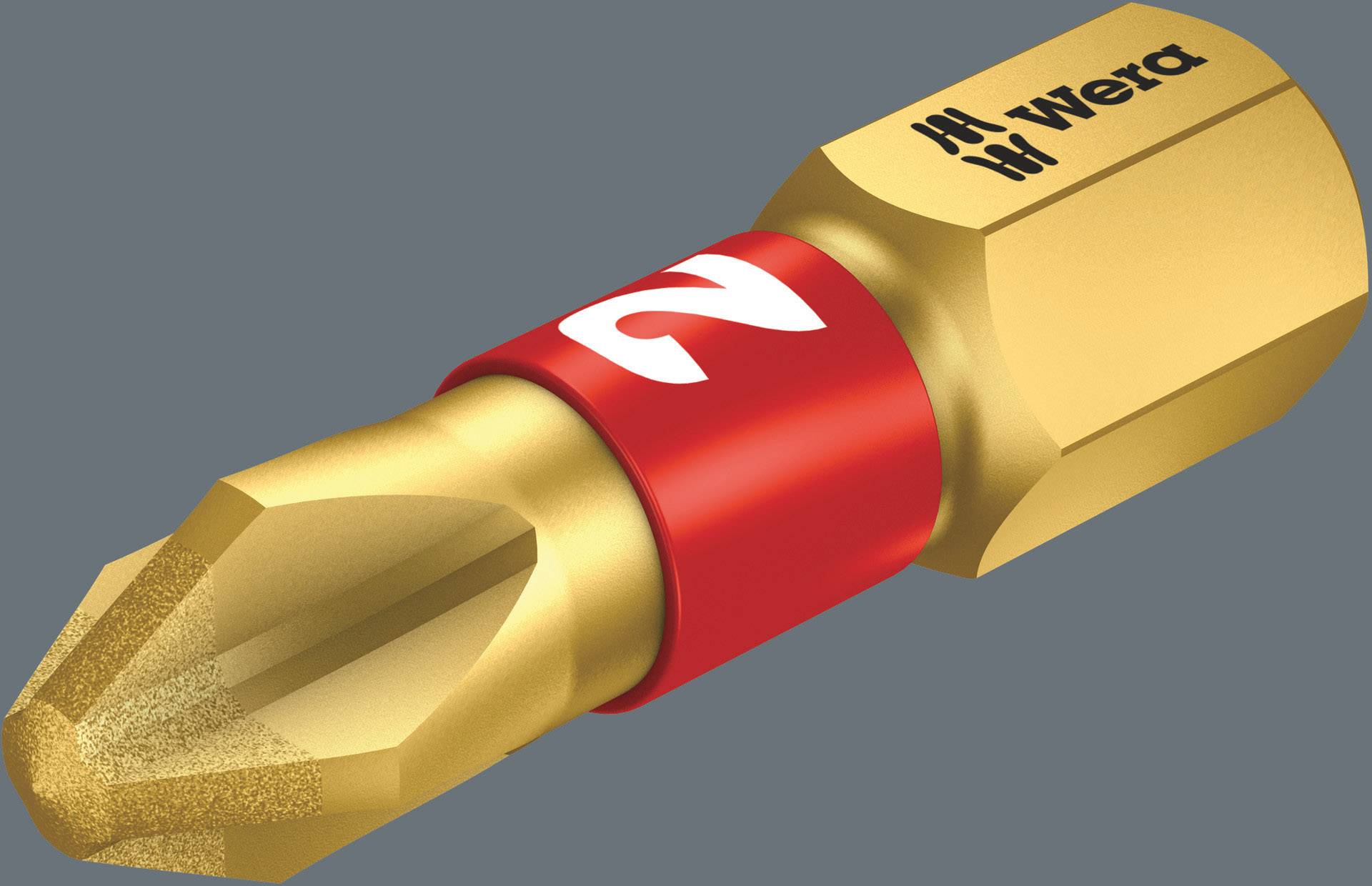 Un embout de tournevis couleur or avec un anneau rouge portant le numéro '2'. Le logo de la marque est également visible.