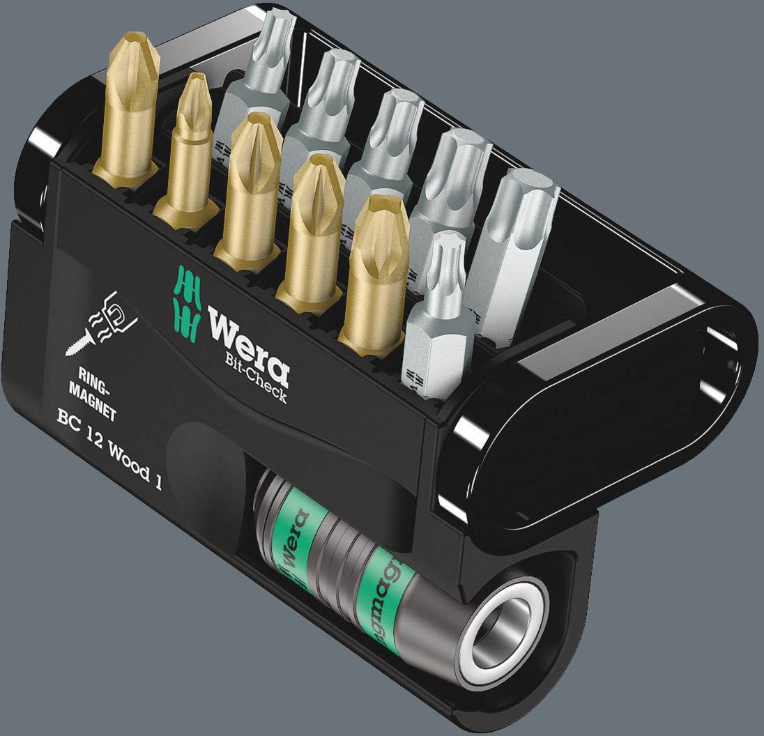 Wera Bit-Check BC 12 Wood 1 avec 12 embouts et un porte-embout magnétique, chacun ayant une forme différente et logé dans un support noir.