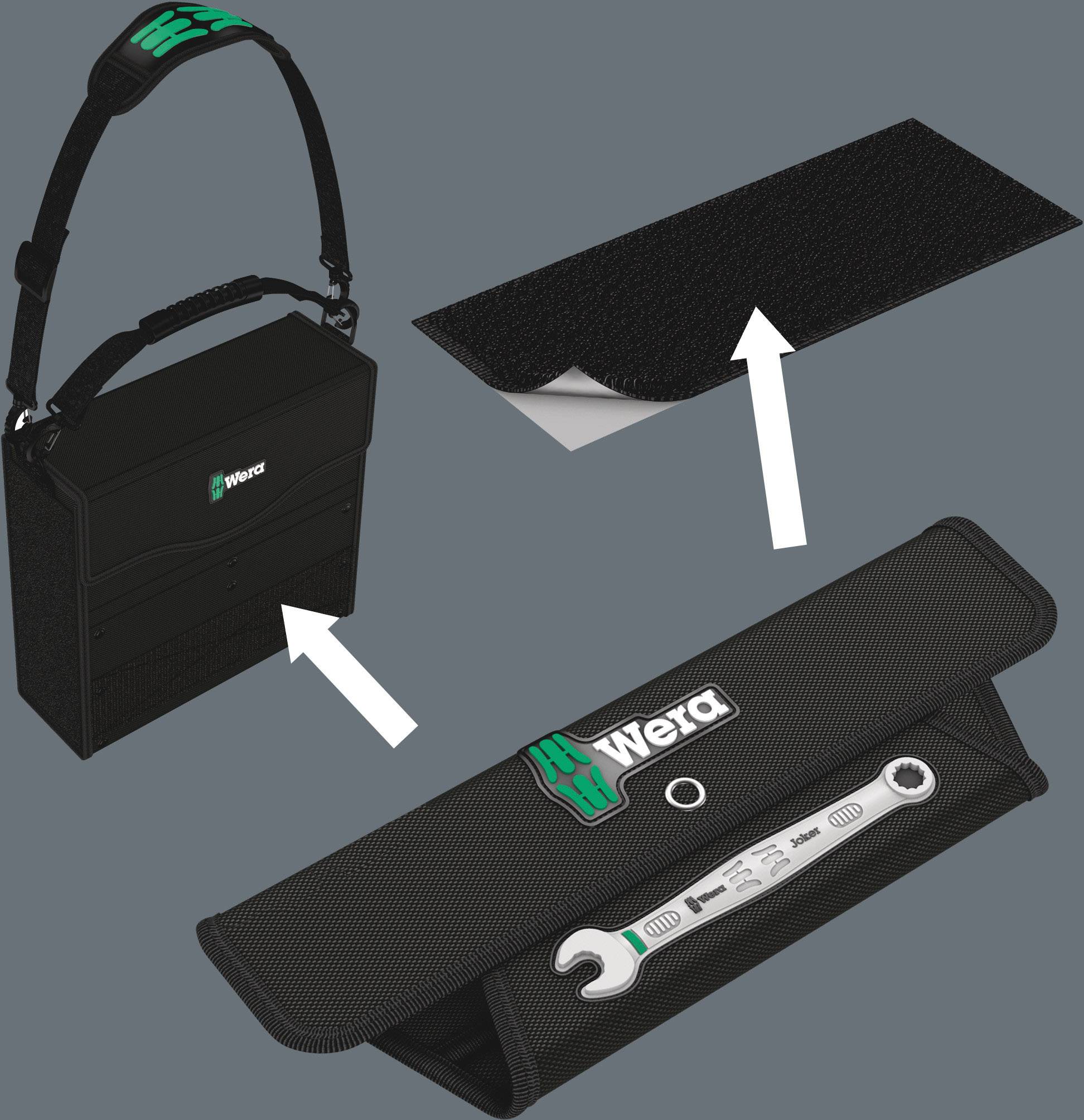 Trousse à outils Wera avec bandoulière réglable, comprenant en plus un étui ouvert pour clés à molette, ainsi qu'une fermeture textile.