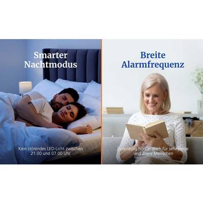 Le 'Mode Nocturne Intelligent' montre un couple dormant paisiblement sans lumière LED entre 21h00 et 07h00. La 'Fréquence d'Alarme Large' présente une femme en train de lire, indiquant une audibilité d'alarme fiable.
