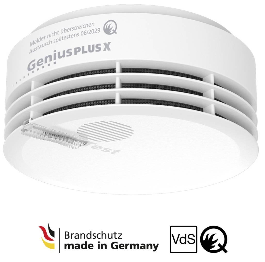 'Détecteur de fumée Genius Plus X. Ne pas peindre. À remplacer au plus tard 06/2029. Protection incendie made in Germany. Testé VdS.'