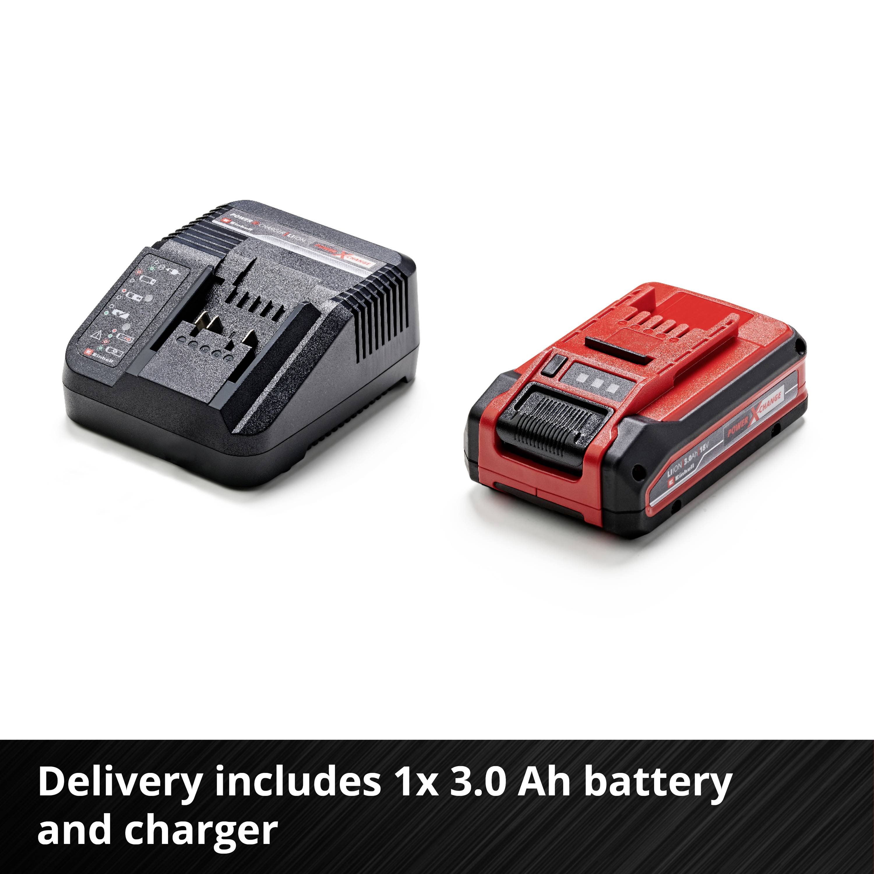 Livraison comprenant 1x batterie 3,0 Ah et chargeur. Illustrations d'un chargeur noir et d'une batterie rouge côte à côte.