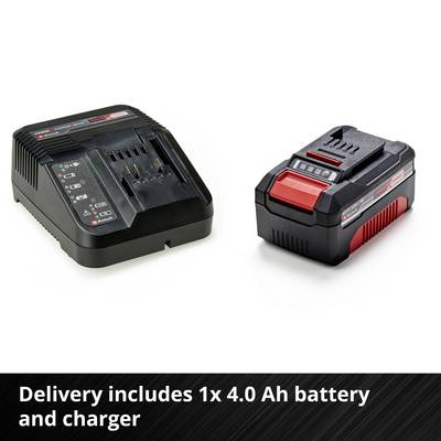 Chargeur et batterie de 4,0 Ah côte à côte sur un fond blanc. Texte : Livraison comprenant 1x batterie de 4,0 Ah et chargeur.