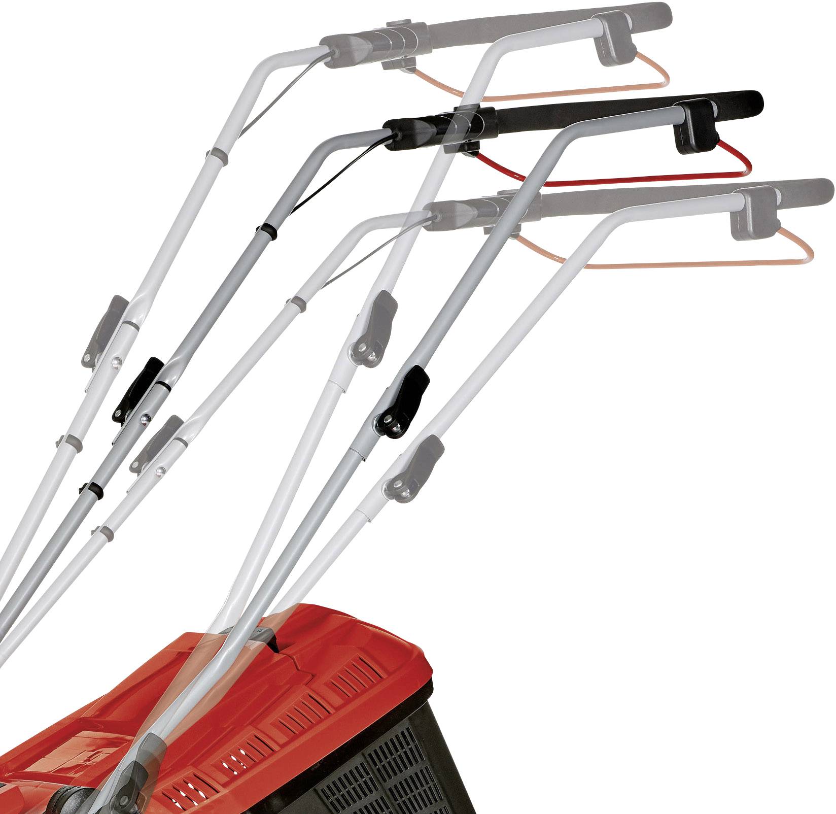 'Le graphique illustre les poignées réglables d'une tondeuse à gazon dans plusieurs positions. Représente la flexibilité et le confort d'utilisation.'