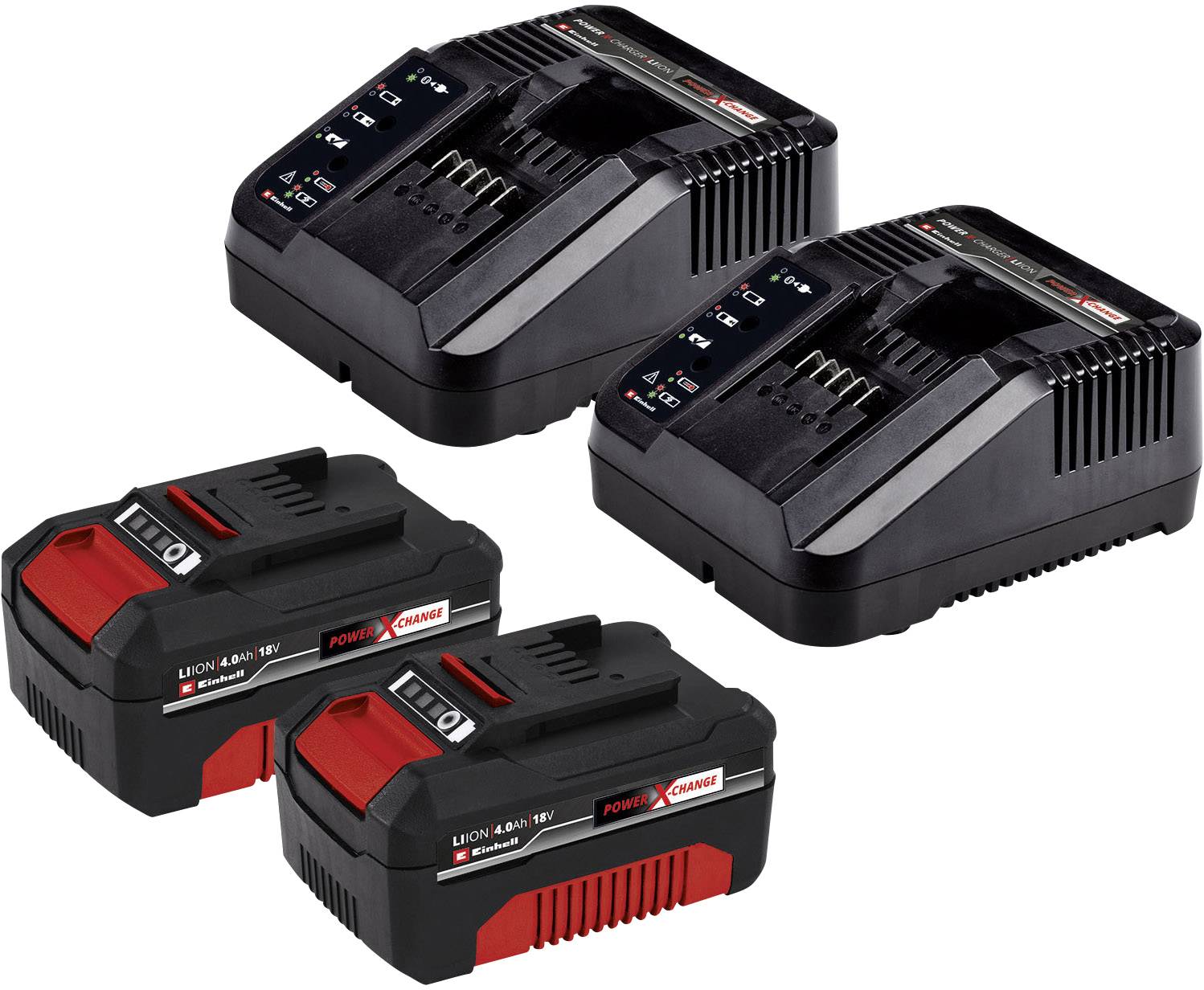 Deux chargeurs de batterie et deux batteries, adaptés aux outils électriques, placés côte à côte, avec un design noir et rouge.
