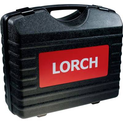 Étui de transport en plastique dur noir avec poignée et étiquette rouge « LORCH » sur le devant.