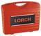 Valise en plastique rouge avec l'inscription 'LORCH' en noir.