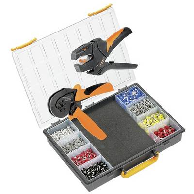 Ensemble de cosses et pinces à sertir de différentes couleurs. Organisé dans un coffret en plastique avec couvercle transparent.
