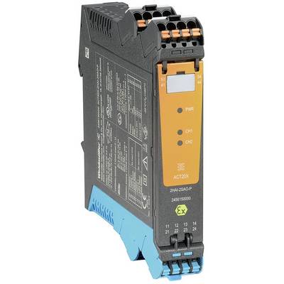 Module d'électronique industrielle avec boîtier noir et façade avant orange. Différentes connexions et étiquettes de fonctions visibles.