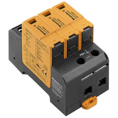 Appareil de protection contre les surtensions en noir et orange avec spécifications techniques imprimées. Protège les installations électriques contre les surtensions.