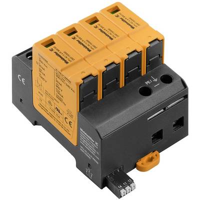 Un dispositif de protection contre les surtensions avec plusieurs modules orange et des spécifications techniques imprimées sur la face avant.