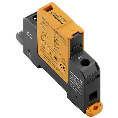 Dispositif de protection contre les surtensions Weidmüller Type 1 en noir et orange, avec détails techniques et certification CE imprimés.
