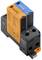 Dispositif de surveillance de tension et de fréquence avec deux modules interchangeables en orange et bleu, adapté aux installations électriques.