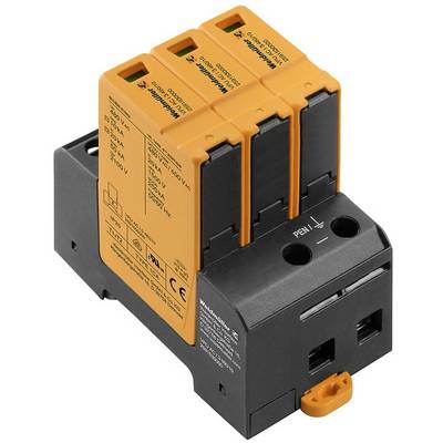 Un dispositif de protection contre les surtensions avec trois modules orange sur un socle noir, adapté pour une utilisation dans des installations électriques.
