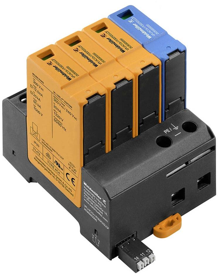 Dispositif de protection contre les surtensions avec quatre emplacements pour modules de différentes couleurs, chacun avec un marquage technique pour applications électriques.