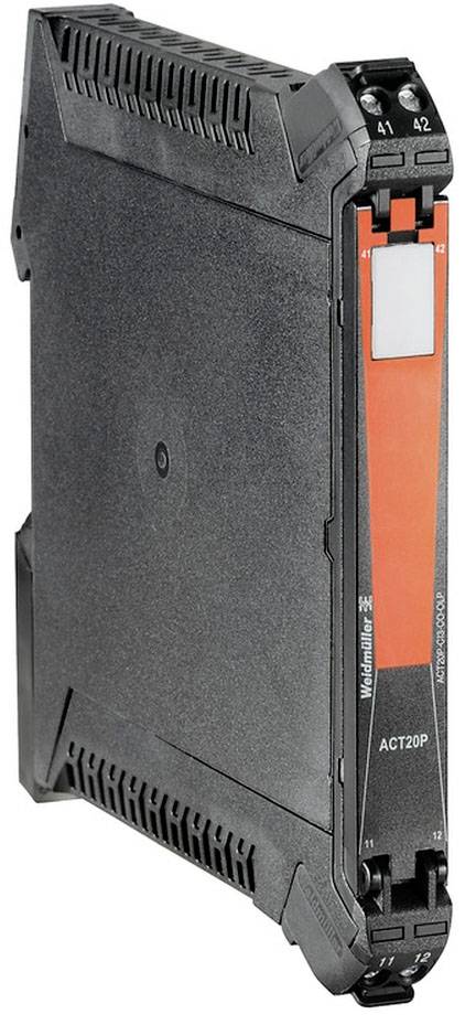 Un module électronique étroit et vertical avec un boîtier noir et une bande rouge, portant les inscriptions 'Wieland Electric' et 'ACT20P'. Connecté via des bornes situées sur le dessus.