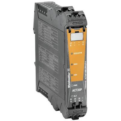 Un dispositif électronique de Weidmüller, modèle ACT20P, doté de plusieurs connexions et d'un panneau de commande orange contrôlant des paramètres électriques.