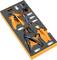 Boîte à outils comprenant des pinces à sertir, des pinces à dénuder et un outil pour modules enfichables, avec un fond en mousse orange, modules enfichables triés par couleur.