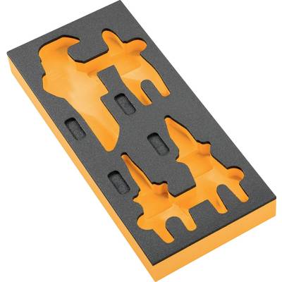 Mousse de calage avec découpes pour outils, dans un design orange et noir.