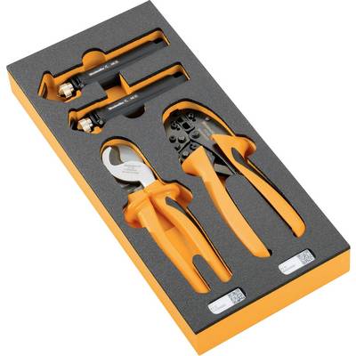 Ensemble d'outils dans un emballage en mousse, composé de deux coupe-câbles et d'un outil à sertir, tous dans un design orange et noir.