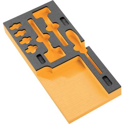'Garniture en mousse orange avec découpes noires pour outils, comprenant un espace pour un marteau et un tournevis.'