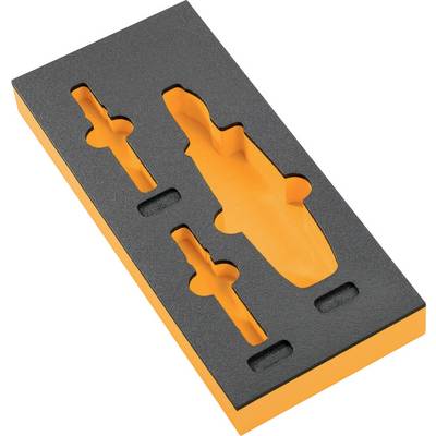 Un insert en mousse avec des découpes pour le rangement des outils, comprenant des contours spécialement moulés pour trois outils.