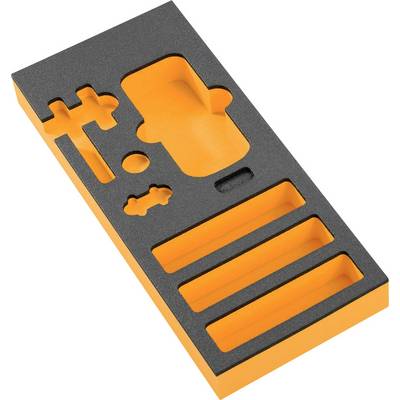 Doublure en mousse noire avec des découpes oranges pour le rangement des outils, comprenant des compartiments de différentes formes.