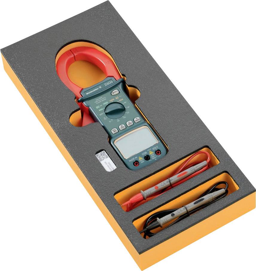 Un pied à coulisse numérique avec accessoires dans un coffret de rangement, prêt à être utilisé pour des mesures électriques.