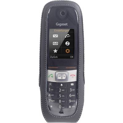 Un téléphone sans fil dans un étui affiche un écran avec les options de menu 'Paramètres', 'Retour' et 'OK'.