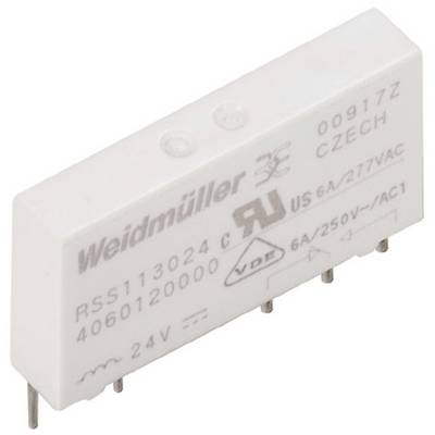 Un composant électronique rectangulaire blanc avec plusieurs broches métalliques en bas. Étiqueté 'Weidmüller' et doté de spécifications techniques.