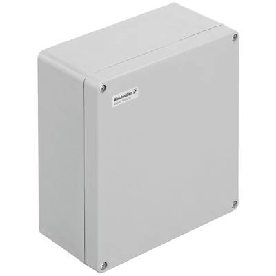 Boîtier électrique rectangulaire gris avec des vis de verrouillage aux coins.
