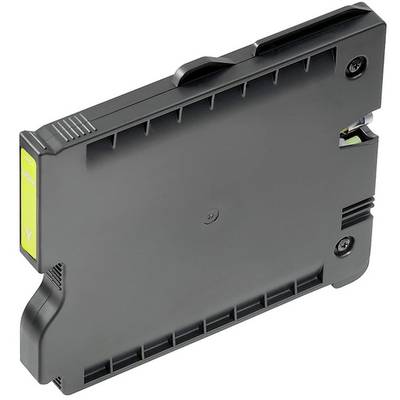 Cartouche d'encre jaune, de forme rectangulaire, avec des connexions de buses visibles, adaptée à une imprimante jet d'encre.