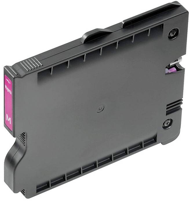 Une cartouche d'encre magenta pour une imprimante grand format, montrant le côté avec l'étiquette 'M'.
