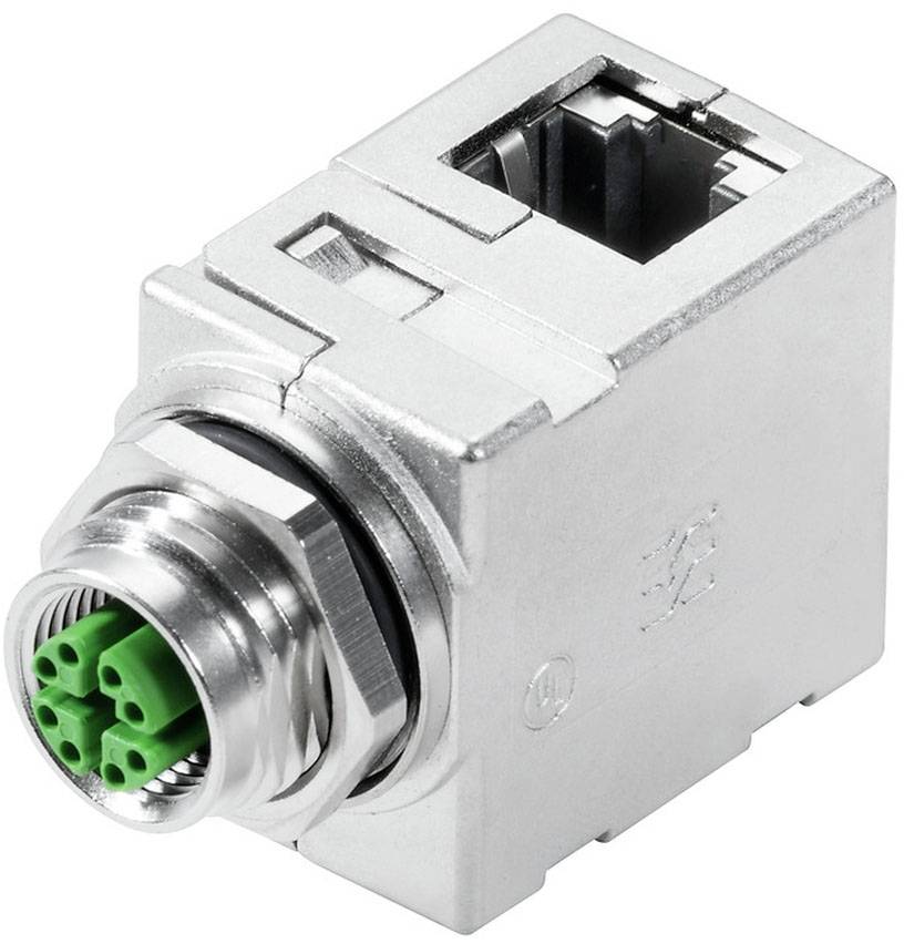 Un adaptateur rectangulaire argenté avec connecteur RJ45 et fiche ronde verte. Adapté aux applications industrielles et réseau.